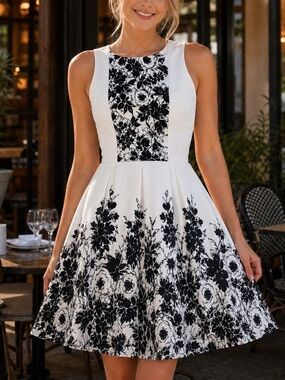 Miss Cat white linen/cotton, fit/flare dress, floral black print, lined, EUC